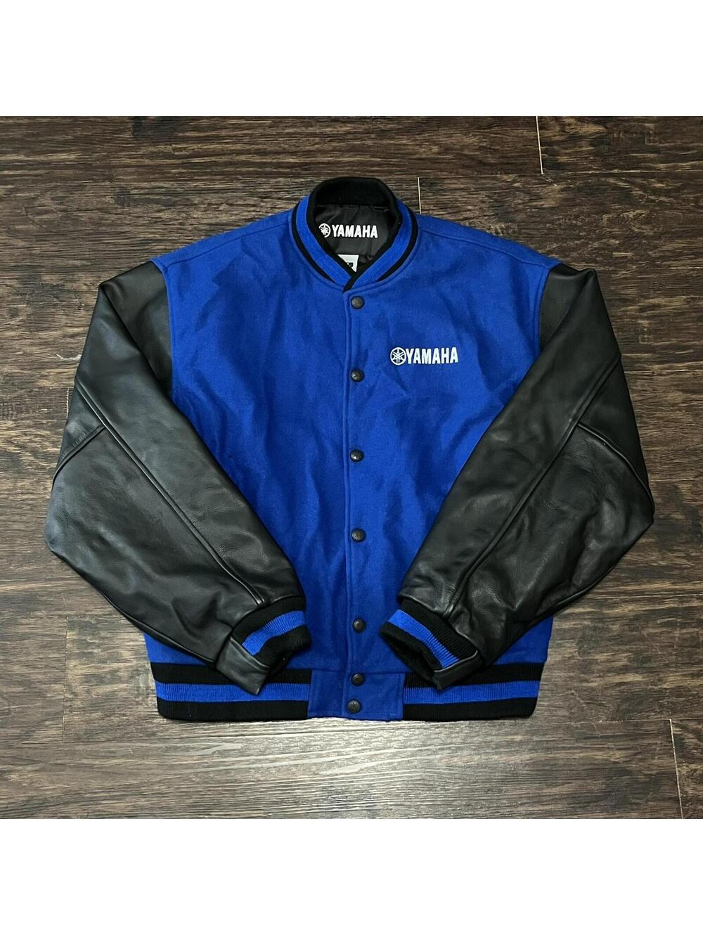 Yamaha Motor Mens Blue Black Wool Leather Varsity Jacket Size XL